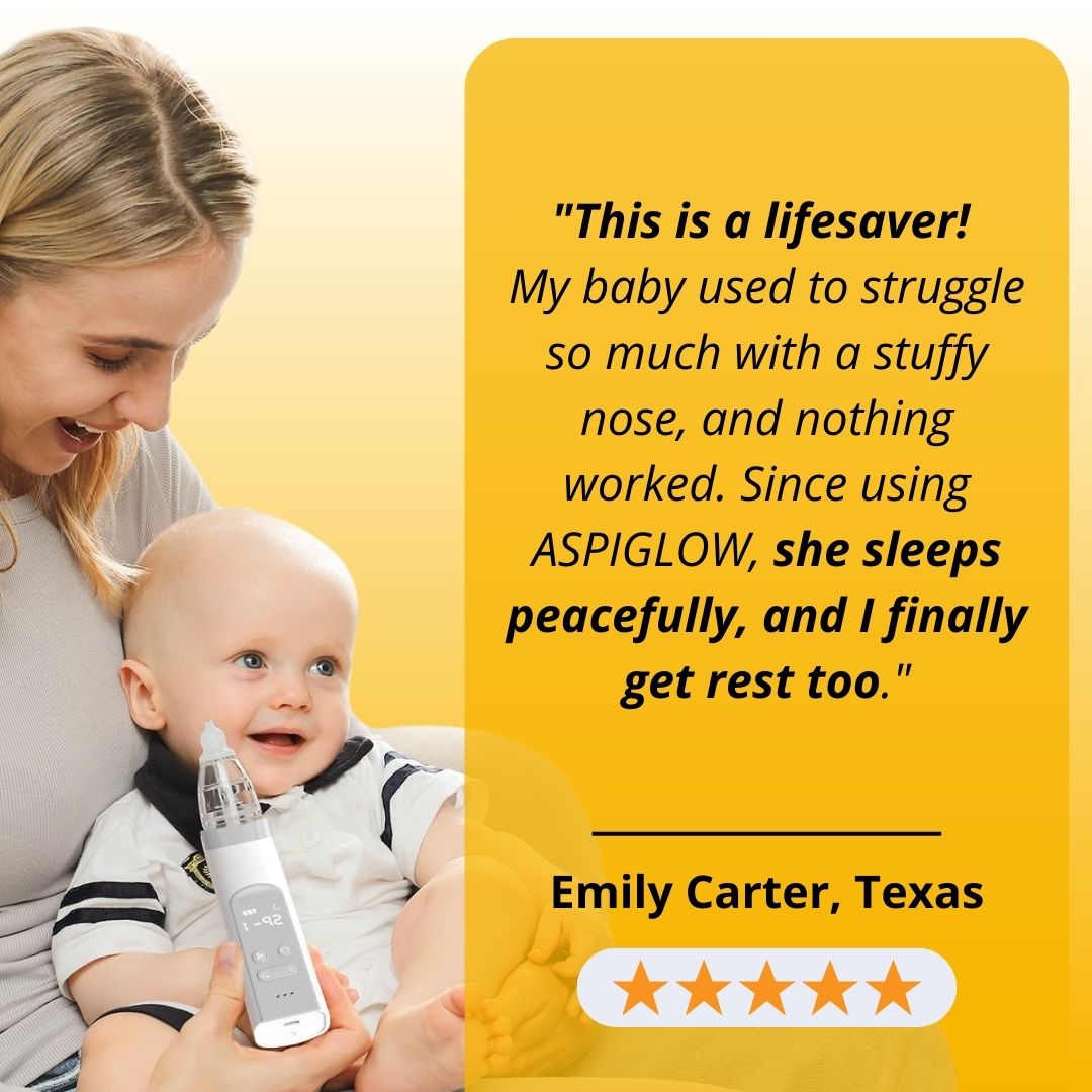 Mother using ASPIGLOW nasal aspirator on baby