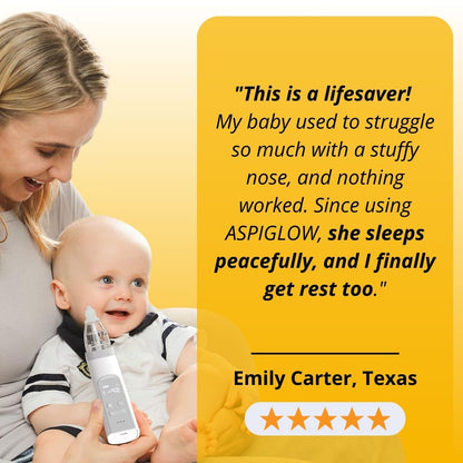 Mother using ASPIGLOW nasal aspirator on baby