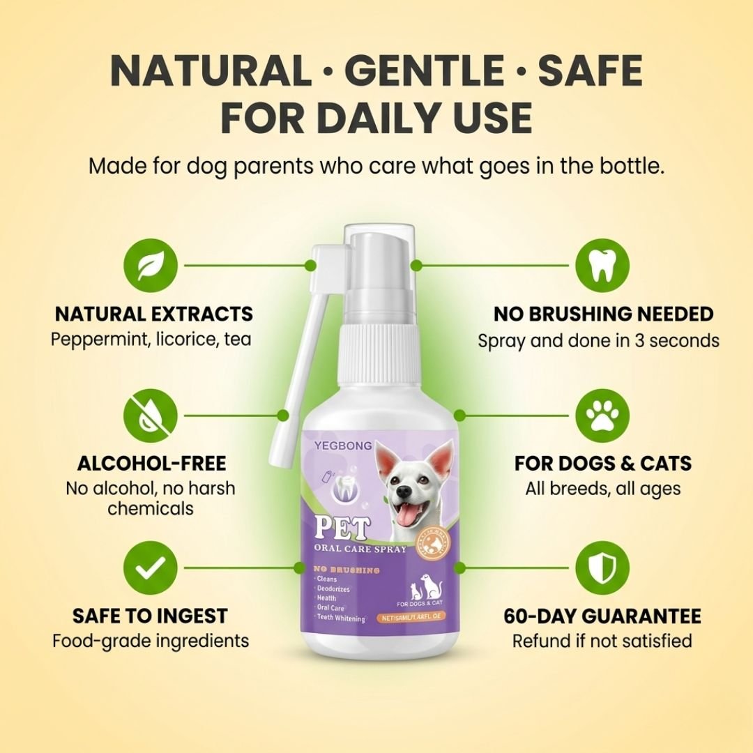 Natural and safe dog dental spray with 6 trust badges