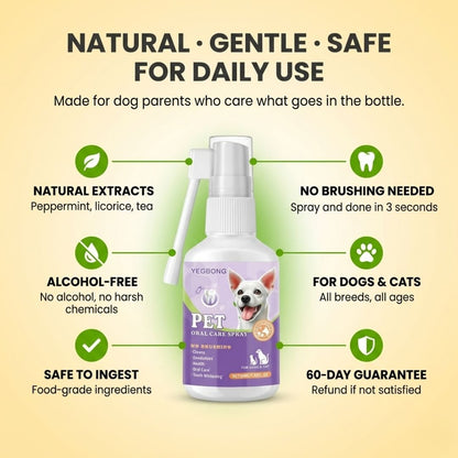 Natural and safe dog dental spray with 6 trust badges