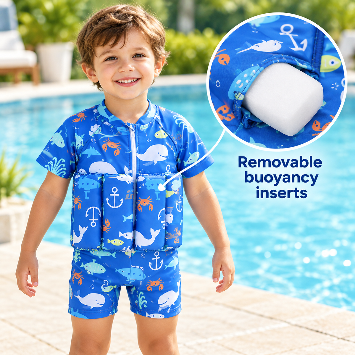 Child wearing a blue Little Splash Floatsuit beside a close-up of a removable buoyancy insert.