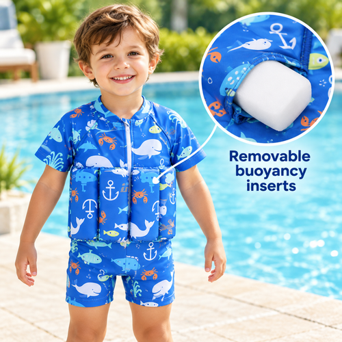 Child in the blue Little Splash Floatsuit beside a pool, with a close-up showing a removable white buoyancy insert.