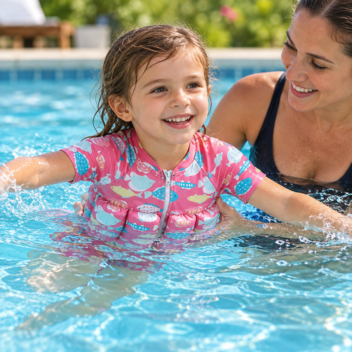 Mother supporting a child wearing a pink Floatsuit in pool water.