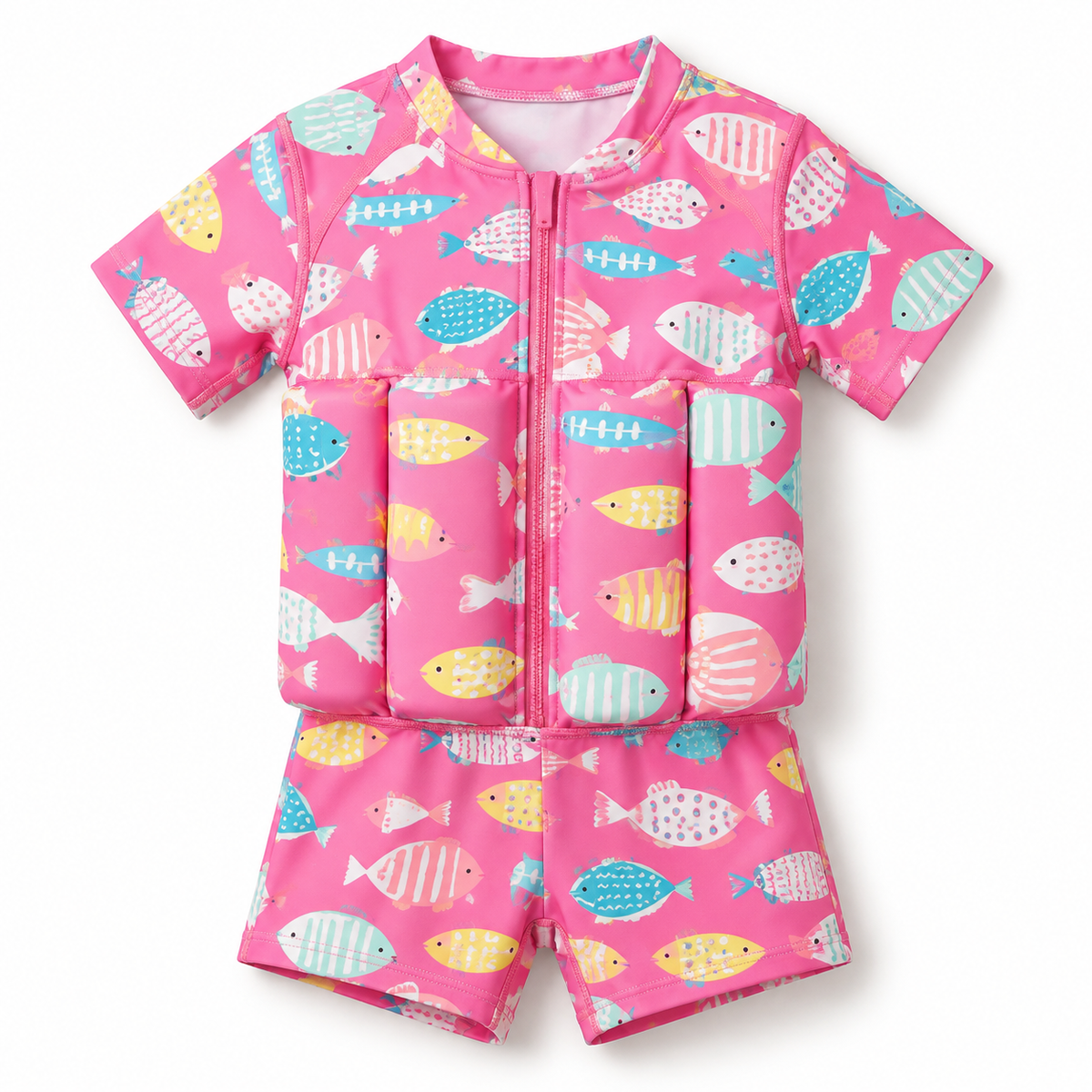 Pink short-sleeved Floatsuit with fish print on a white background.