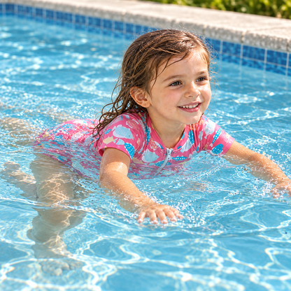 Girl wearing a pink Little Splash Floatsuit in pool water.